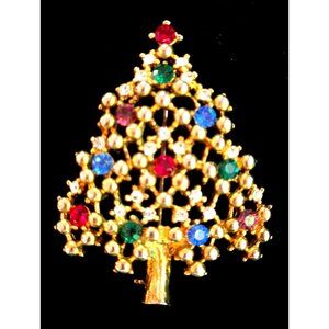 Eisenberg Ice Gold-Tone Rhinestone Christmas Tree Brooch Signed Vintage